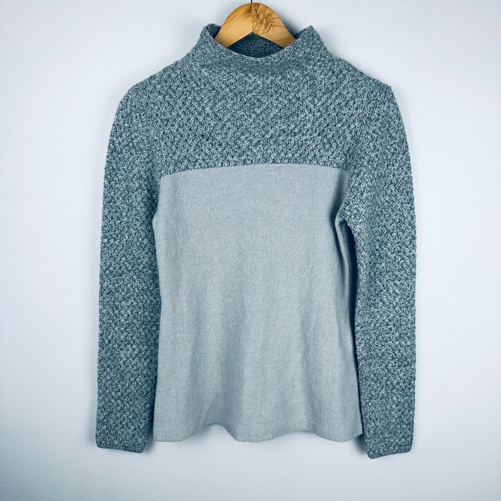 Kinross Cashmere Mock Neck Sweater Light Blue Grey Mixed Knit Size S